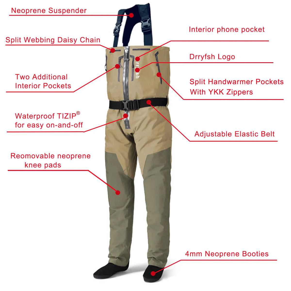 Dryfish Men Front Zipper Chest Waders Waterproof Breathable Stockingfoot Fishing Wader with Multi Pockets Adjustable Waist Belt for Fly Fishing Hunting Outdoor Stream Wading