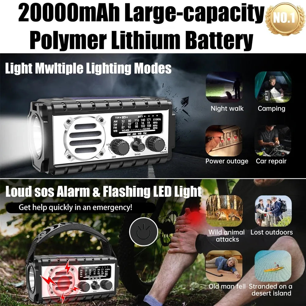 20000mAh Solar Hand Crank Emergency Radio AM/FM/SW With Power Bank Flashlight SOS Alarm For Outdoor Camping Survival Gear