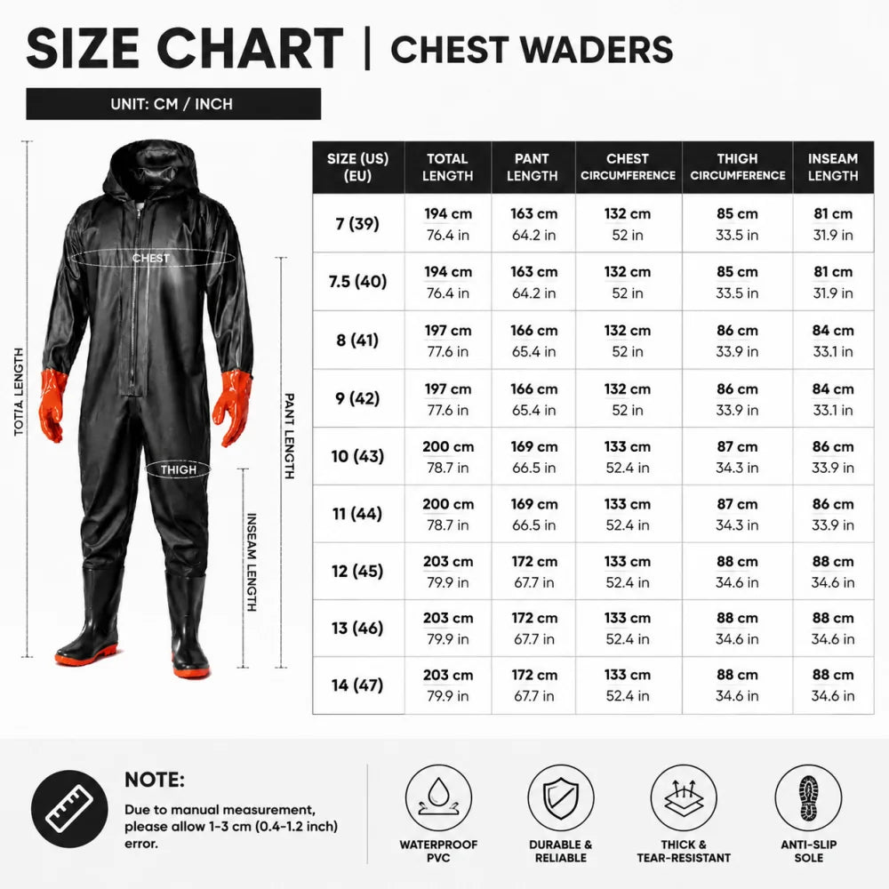 Heavy Duty PVC Chest Waders Waterproof Fishing Overalls Men Bootfoot Wader Suit for Fishing Hunting Farming Mud Work Size 7-14