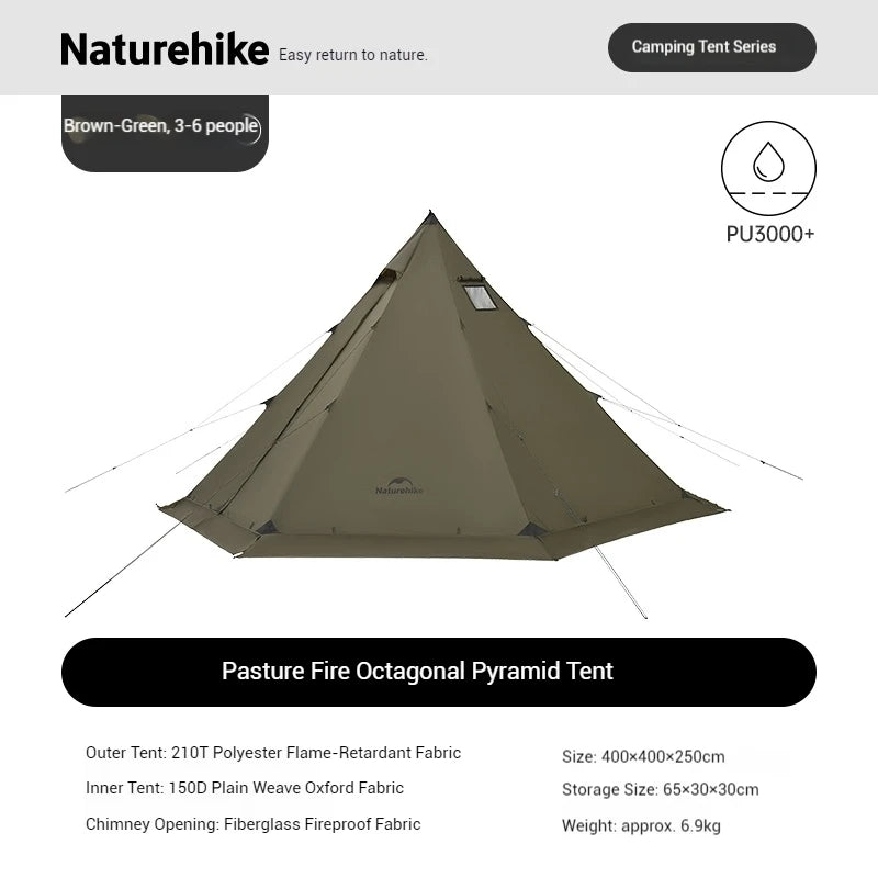 Naturehike Ranch Fire Octagon Pyramid Tent with Chimney Snow Skirt Waterproof PU3000mm+ Tipi Teepee Tent 2-4 Person Hot Tent