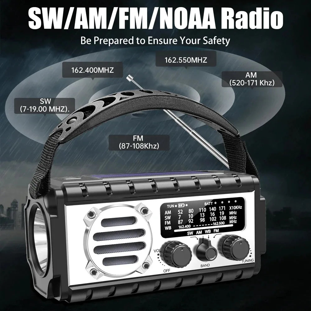 20000mAh Solar Hand Crank Emergency Radio AM/FM/SW With Power Bank Flashlight SOS Alarm For Outdoor Camping Survival Gear