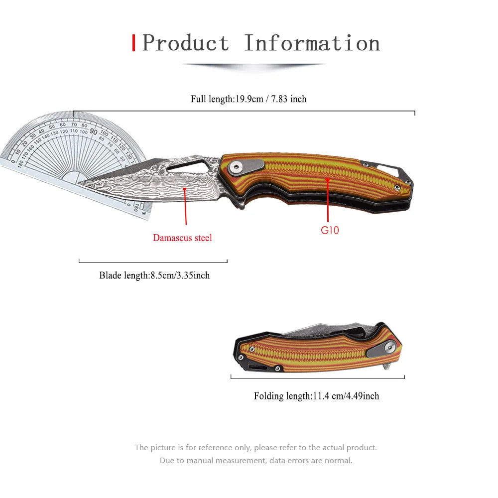 1pcs.Damascus Steel G10 Handle Folding Knife With Back Clip Outdoor Camping Fishing Portable Tools, Collecting Gifts EDC