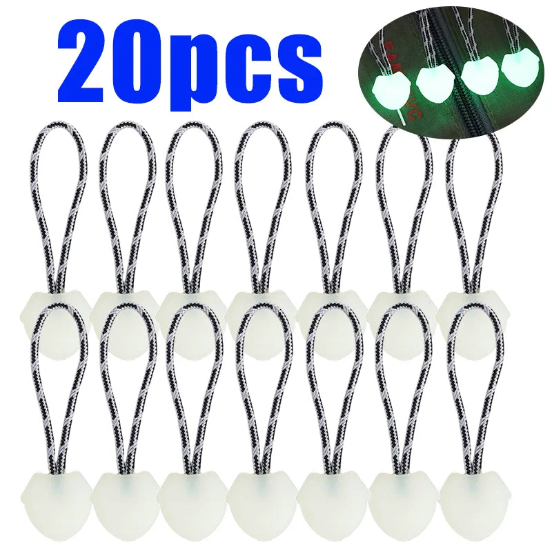 20/1 Pcs Luminous Zipper Pull Glow in Dark Cord Rope for Backpack Tent Jacket Camping Hiking Survival Gear Night Safety Tab