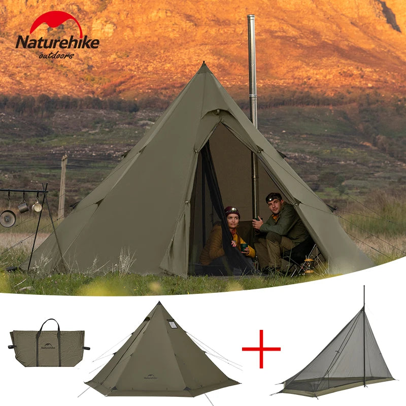 Naturehike Ranch Fire Octagon Pyramid Tent with Chimney Snow Skirt Waterproof PU3000mm+ Tipi Teepee Tent 2-4 Person Hot Tent