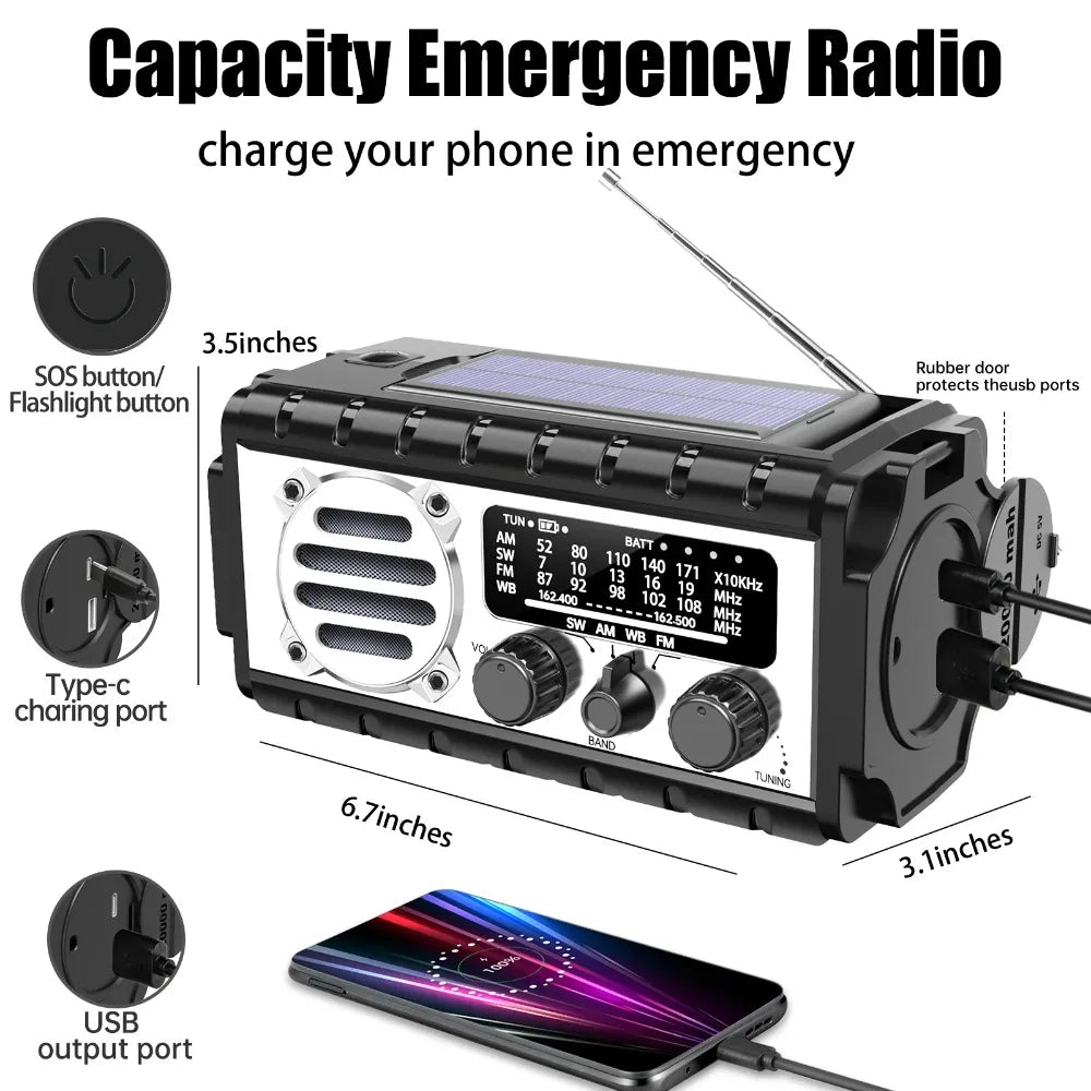 20000mAh Solar Hand Crank Emergency Radio AM/FM/SW With Power Bank Flashlight SOS Alarm For Outdoor Camping Survival Gear