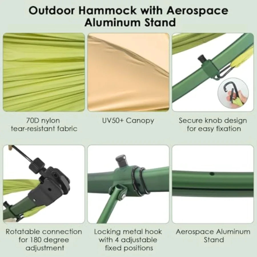 Portable Hammock with Quick Setup Folding Stand Adjustable Sunshade Canopy Storage Bag - Heavy Duty Hammock for Camping Home Ga