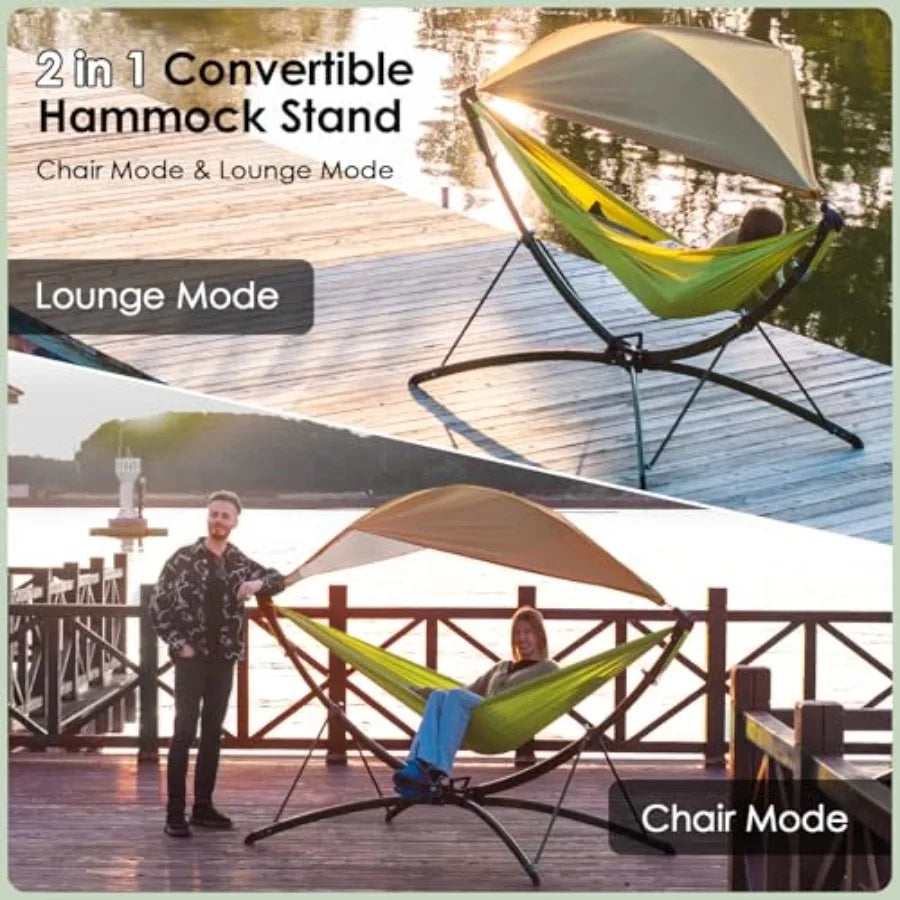 Portable Hammock with Quick Setup Folding Stand Adjustable Sunshade Canopy Storage Bag - Heavy Duty Hammock for Camping Home Ga