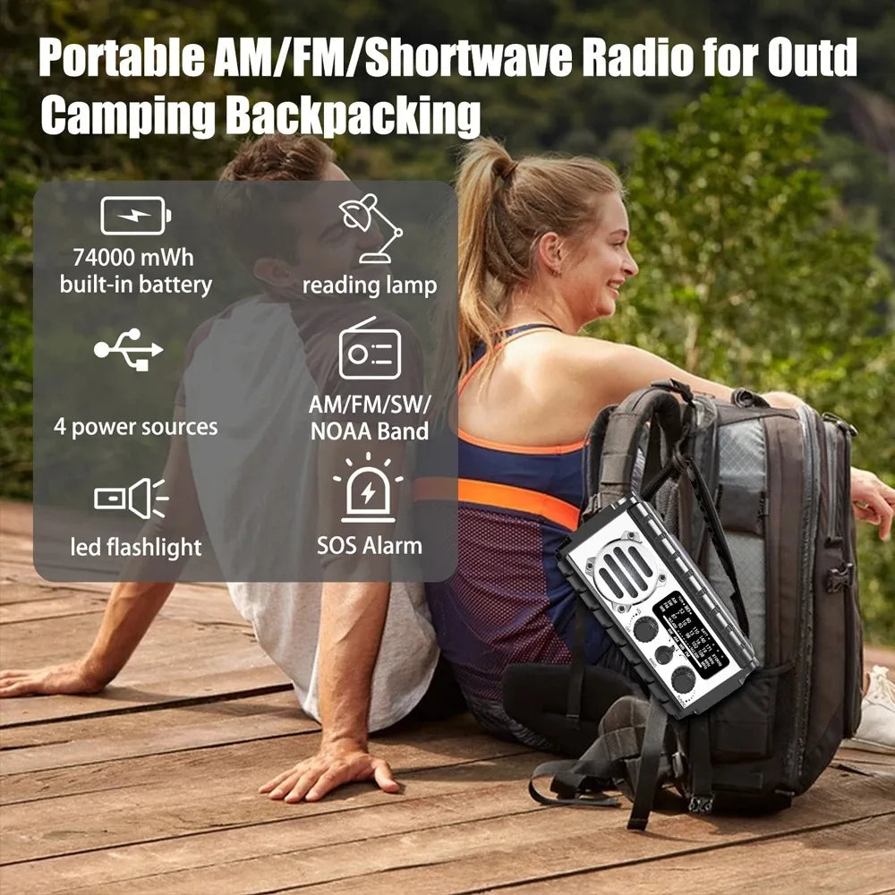 20000mAh Solar Hand Crank Emergency Radio AM/FM/SW With Power Bank Flashlight SOS Alarm For Outdoor Camping Survival Gear