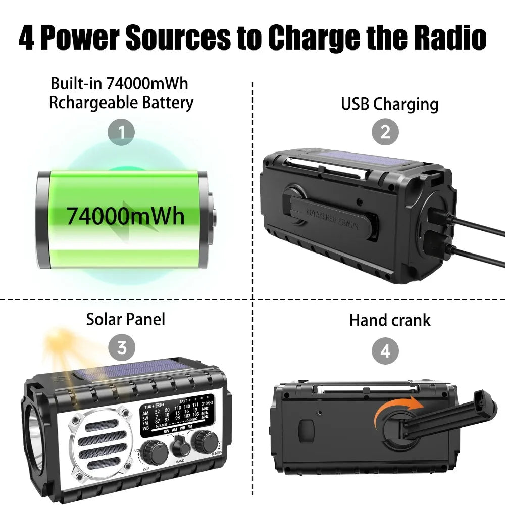 20000mAh Solar Hand Crank Emergency Radio AM/FM/SW With Power Bank Flashlight SOS Alarm For Outdoor Camping Survival Gear