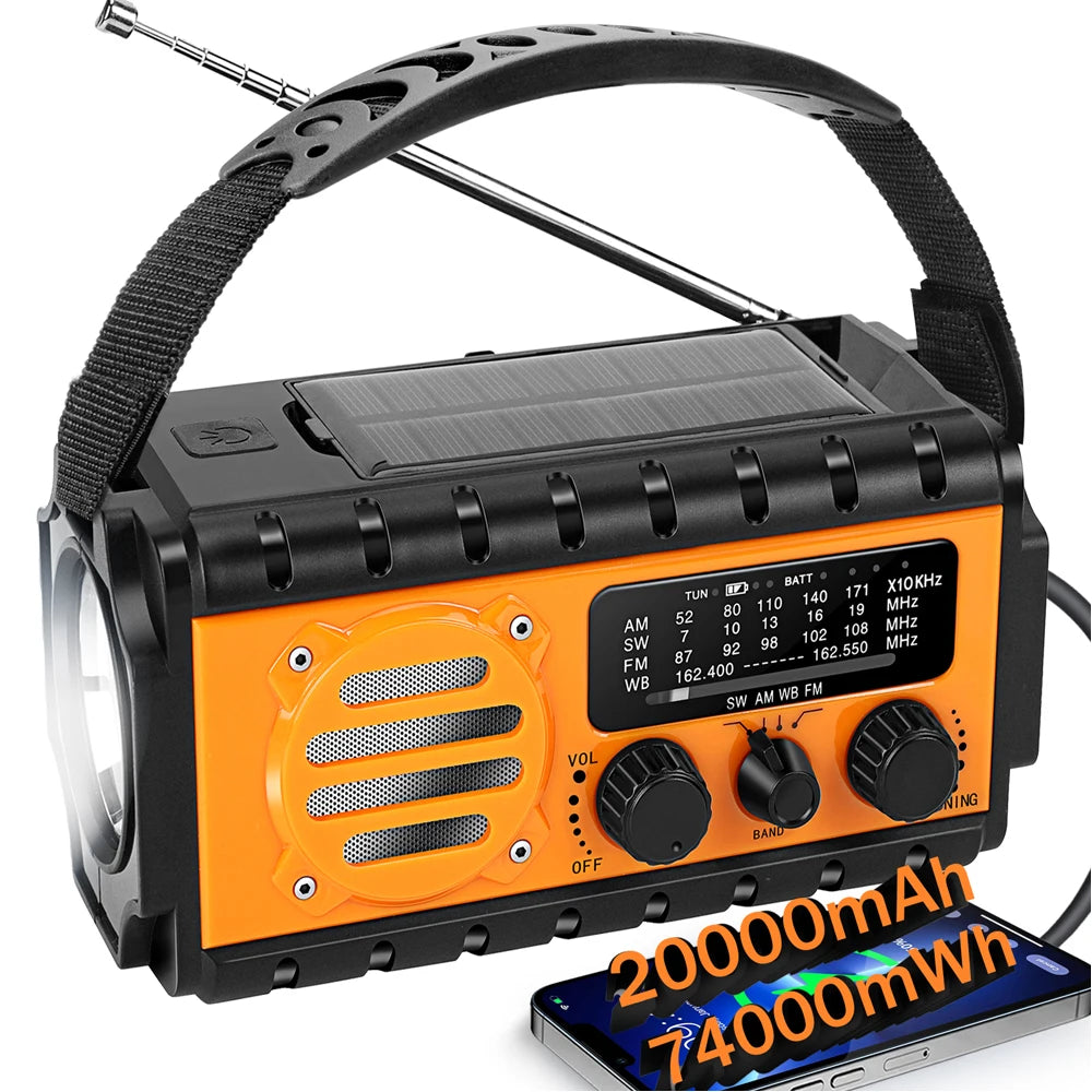 20000mAh Solar Hand Crank Emergency Radio AM/FM/SW With Power Bank Flashlight SOS Alarm For Outdoor Camping Survival Gear