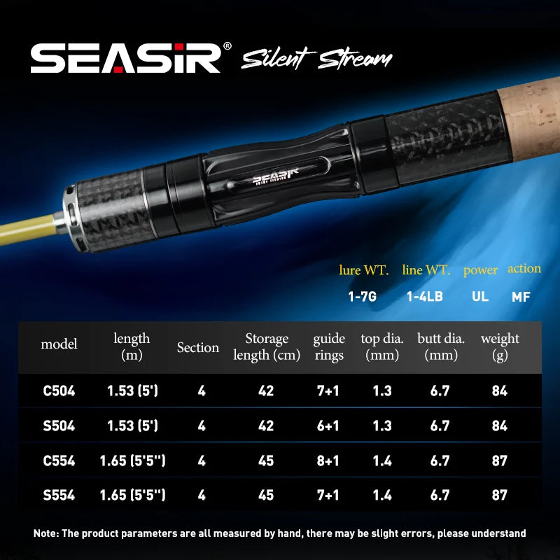 Seasir Silent Stream Spining Baitcasting Fishing Rod Carbon Fiber UL Power 1.53/1.65M Spinning Casting Lure Rods 4 Sections
